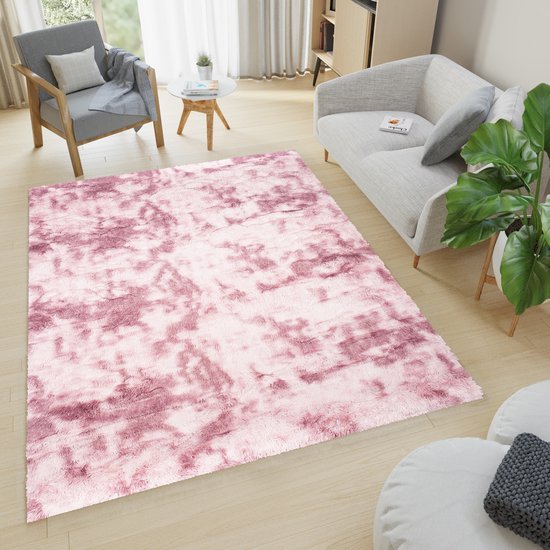 Tapiso Silk Dyed Vloerkleed Roze Hoogpolig Antislip Modern Woonkamer Slaapkamer Tapijt Maat- 160x230