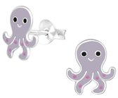 Joy|S - Zilveren octopus oorbellen - 8 x 9.5 mm - paarse inktvis oorknoppen