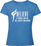 Sparkle&Dream - T-Shirt \'Believe and Achieve\' Blauw- 128 - voor turnen en gymnastiek