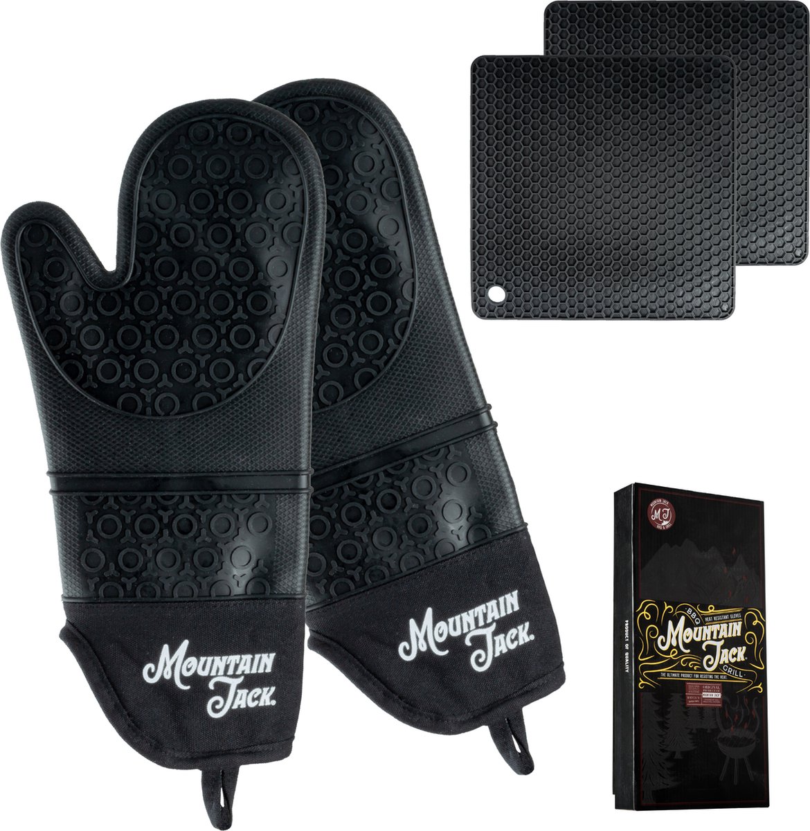 Mountain Jack 2 Stuks Antislip BBQ & Oven Veiligheid Handschoenen – Ovenwanten - Hittebestendige Dubbele Voering - Zwart - Mountain Jack®