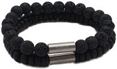 H-Beau - Duo – Cadeau - Set van 2 Handgemaakte Armbanden - Breedte: 8mm – Lengte: 19cm - Zwart - Mannen Armband - Natuurstenen - Natuurkralen - Lavasteen – Kokos – Hout - Kralen -