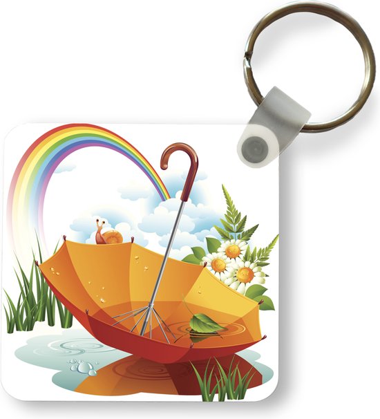 Sleutelhanger - Uitdeelcadeautjes - Een illustratie van een oranje paraplu onder een regenboog - Plastic