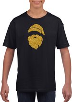 Kerstman hoofd Kerst t-shirt - zwart met gouden glitter bedrukking - kinderen - Kerstkleding / Kerst outfit S (110-116)