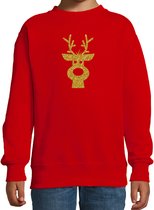 Rendier hoofd Kerstsweater - rood met gouden glitter bedrukking - kinderen - Kersttruien / Kerst outfit 5-6 jaar (110/116)