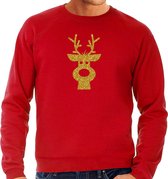 Rendier hoofd Kerst trui - rood met gouden glitter bedrukking - heren - Kerst sweaters / Kerst outfit S