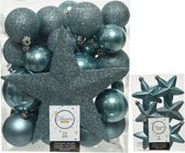 Kerstversiering kunststof kerstballen en hangers ijsblauw 5-6-8 cm pakket van 39x stuks - Met ster vorm piek van 19 cm