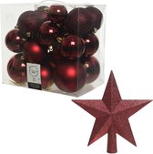 Kerstversiering kunststof kerstballen donkerrood 6-8-10 cm pakket van 27x stuks - Met kunststof ster piek van 19 cm