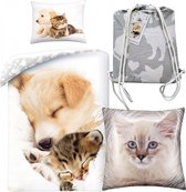 Dekbedovertrek Puppy met Kitten- 140x200- 100% katoen- dekbed hond,kat- kussen 70x90 cm, incl. Sierkussen  Kitten 40x40