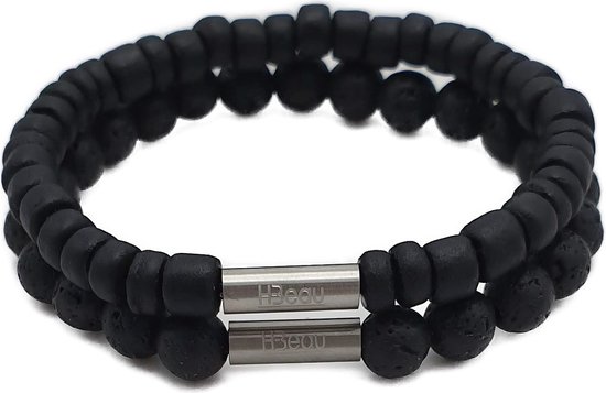 Foto: H beau duo cadeau set van 2 handgemaakte armbanden jongens armband 6mm lengte 15cm zwart natuurstenen natuurkralen lavasteen kokos hout kralen rvs kraal mat unisex