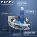 RVS douchehoekrekje met productinformatie in het Nederlands, inclusief "Caddy De ideale badkamer storage".