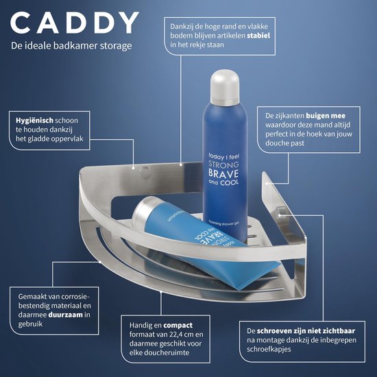 RVS douchehoekrekje met productinformatie in het Nederlands, inclusief "Caddy De ideale badkamer storage".