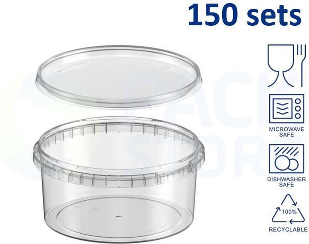 150 x plastic bakjes met deksel - 750 ml - ø146 mm - vershoudbakjes - meal prep bakjes - transparant - geschikt voor de magnetron, vaatwasser en diepvries - Nederlandse producent