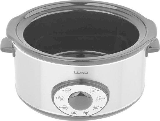 Zilverkleurige Lund slowcooker zonder deksel, met zwarte rand en digitaal bedieningspaneel.