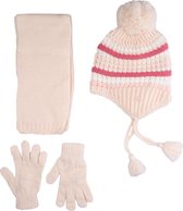 Kitti 3-Delig Winter Set | Muts (Beanie) met Fleecevoering - Sjaal - Handschoenen | 4-8 Jaar Meisjes | Gestreept-01 (K2170-04)