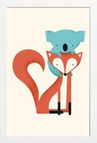 JUNIQE - Poster met houten lijst Fox and Koala -13x18 /Blauw & Oranje