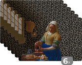 Placemat - Placemats kunststof - Melkmeisje - Kunst - Panterprint - Vermeer - Schilderij - Oude meesters - 45x30 cm - 6 stuks - Hittebestendig - Anti-Slip - Onderlegger - Afneembaar
