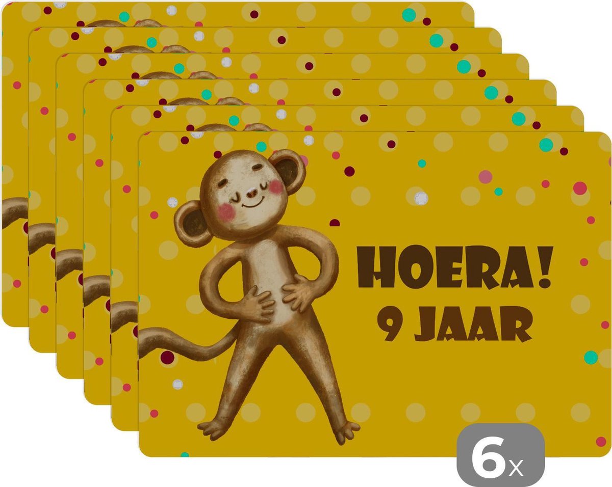 Placemat - Placemats kunststof - Versiering - Aap - 9 jaar - 45x30 cm - 6 stuks - Hittebestendig - Anti-Slip - Onderlegger - Afneembaar
