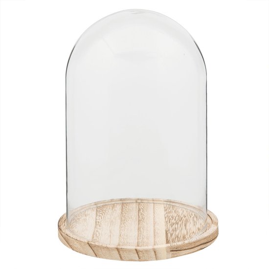HAES DECO - Dôme décoratif en verre avec base en bois marron clair, diamètre 17 cm et hauteur 25 cm - ST021691