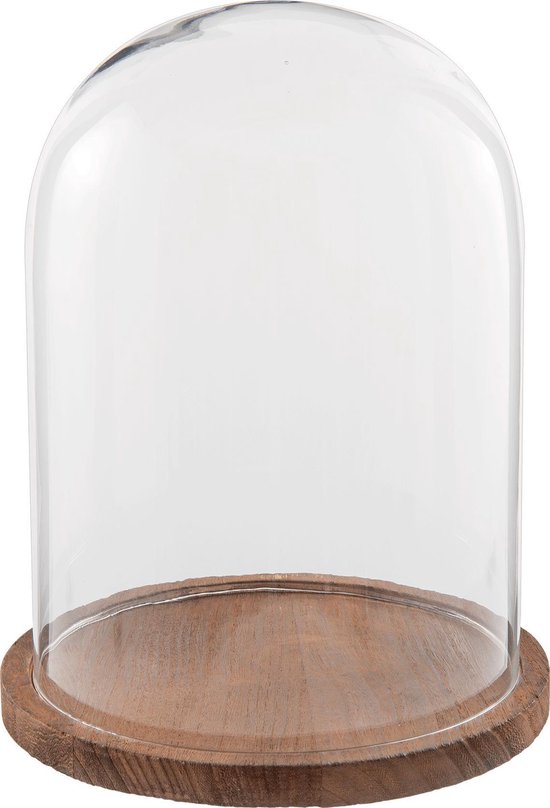 HAES DECO - Decoratieve glazen stolp met bruin houten voet, diameter 23 cm en hoogte 29 cm - ST021661