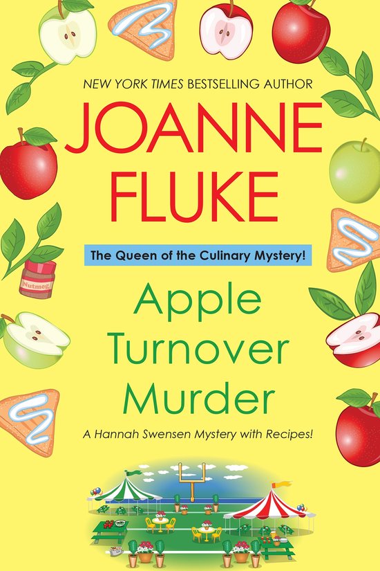 Couverture du livre Apple Turnover Murder de Joanne Fluke avec des pommes, des toasts glacés et un terrain de football.