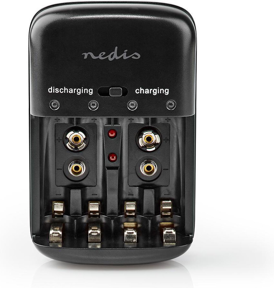 Nedis NiMH-Batterijlader AA / AAA - 1.2 / 9 V DC - 0.5 A - Druppelladen - Type C (CEE 7/16) - Batterijtype: AA / AAA / E-Blok (9V) - Zwart