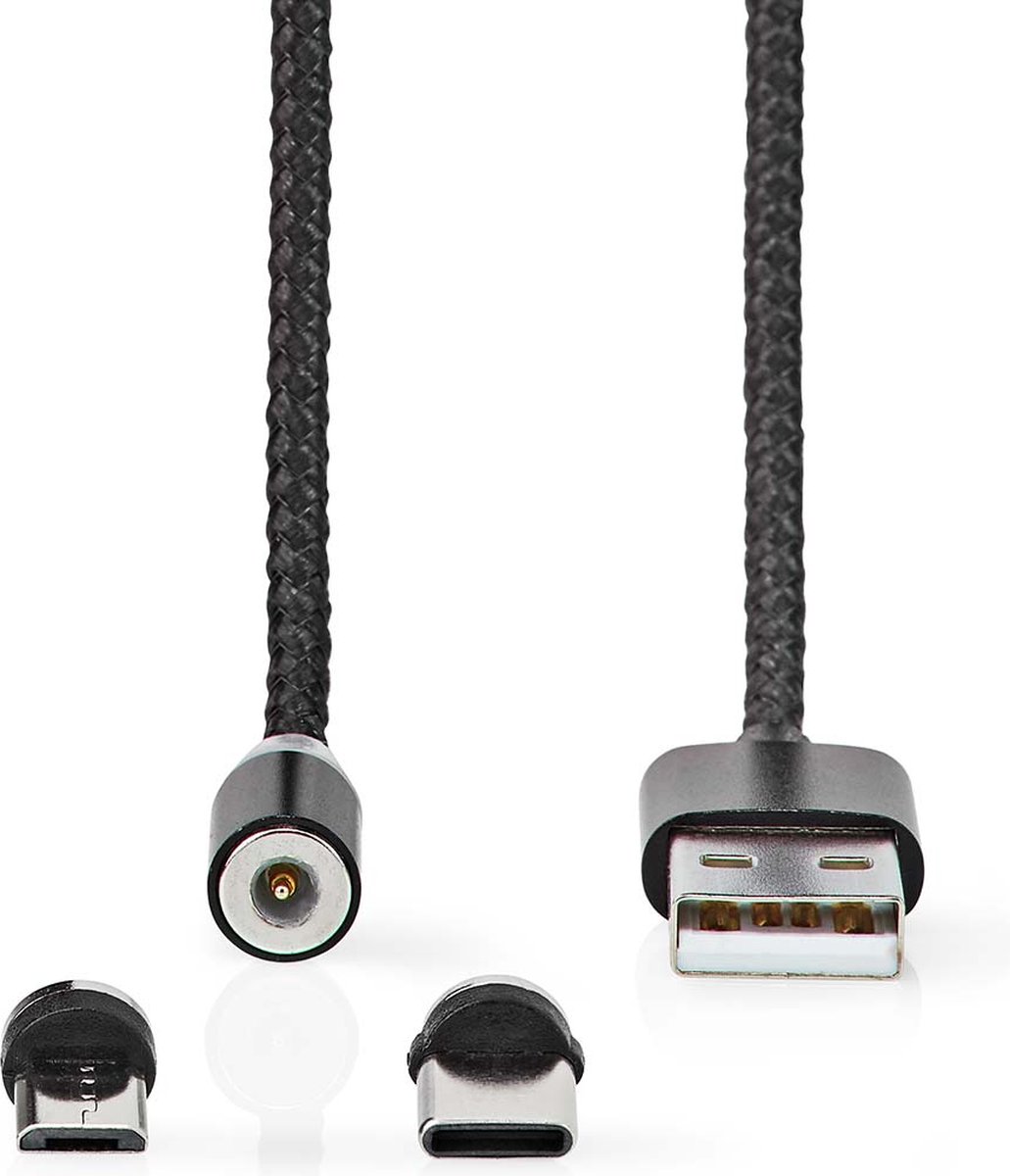 Nedis USB-Kabel | USB 2.0 | USB-A Male | USB Micro-B Male / USB-C™ Male | No Data Transfer | Vernikkeld | 2.00 m | Rond | Nylon | Zwart | Doos