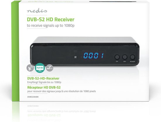 Nedis DVB-S2-Ontvanger - Free To Air (FTA) - 720p / 1080p - H.265 - 1000 Kanalen - Persoonlijke videorecorder (PVR) - Ouderlijk toezicht - Elektronische programmagids - Afstandbestuurbaar - Zwart - Nedis