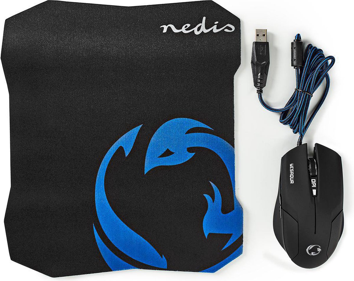 Nedis Gaming Muis & Muismat – Bedraad – 2400 DPI – Optisch – Ergonomisch – Zwart thumbnail 2