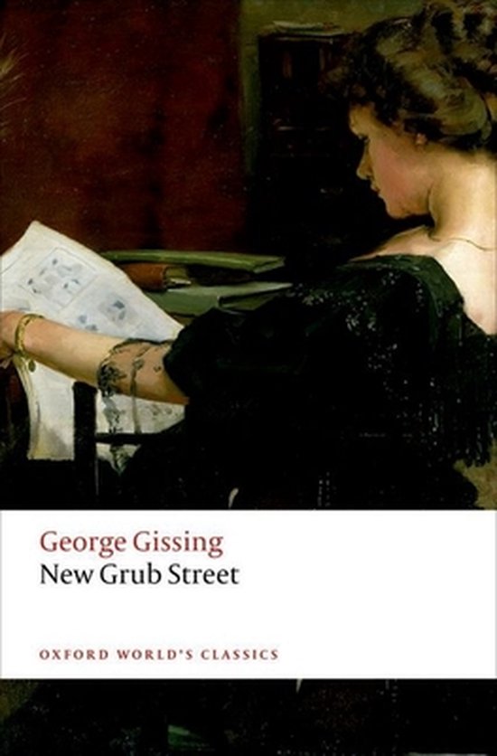 Boekcover: George Gissing - New Grub Street. Een vrouw in zwart leest een krant.