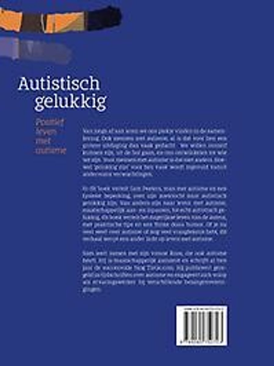 Achterkant van het boek "Autistisch gelukkig". Donkerblauwe achtergrond met tekst en een zwart-wit barcode.