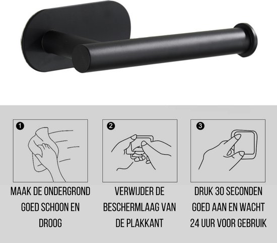 Instructions d'installation du porte-rouleau toilette noir : nettoyer, retirer le film protecteur, appuyer 30 secondes.