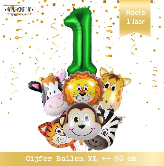 Jungle Decoratie Verjaardag Ballonnen - Hoera 1 jaar - Snoes- Nummer ballon 1 - Safari - Jungle Hoofden 6 stuks + Cijferballon Groen  & Gratis Rietje en Ballon Lint