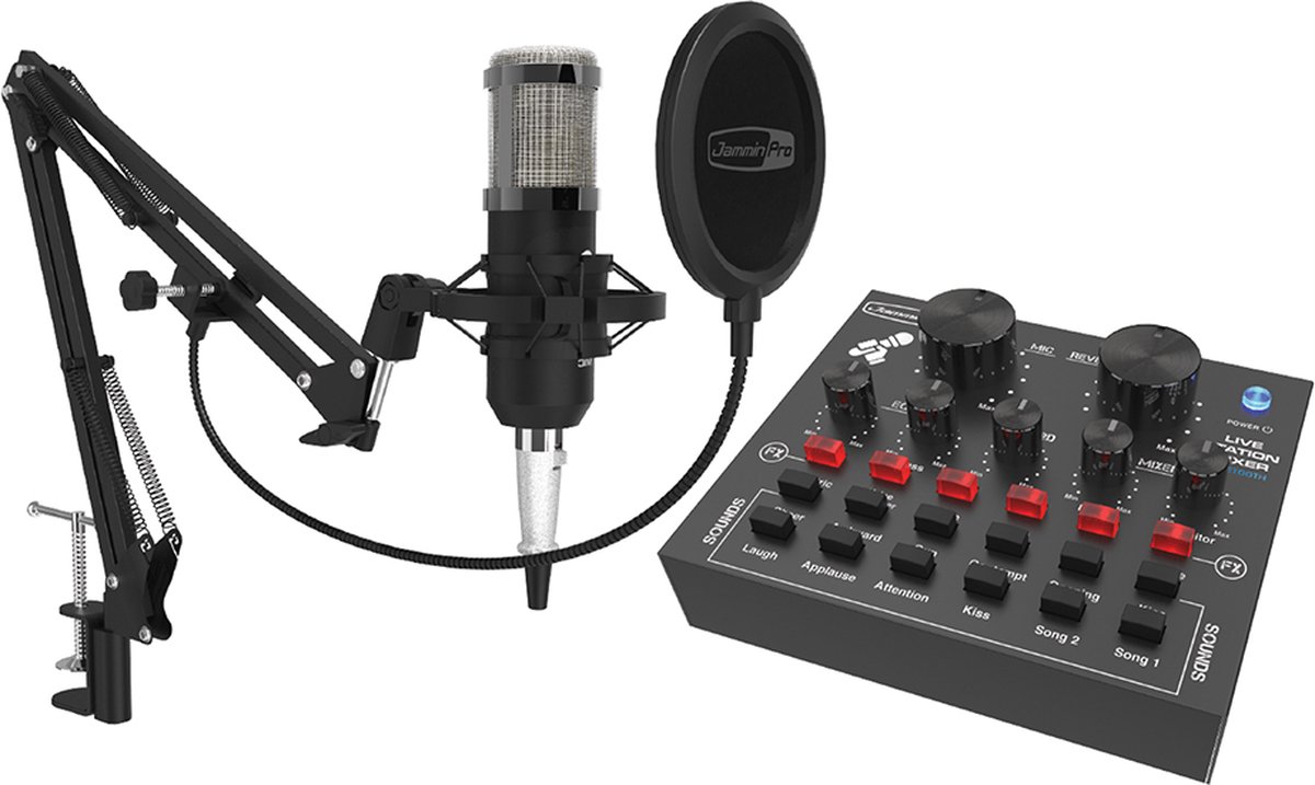 Jammin Pro Stream studio Pack 2 8-in-1 Streaming set met condensator microfoon en audio interface