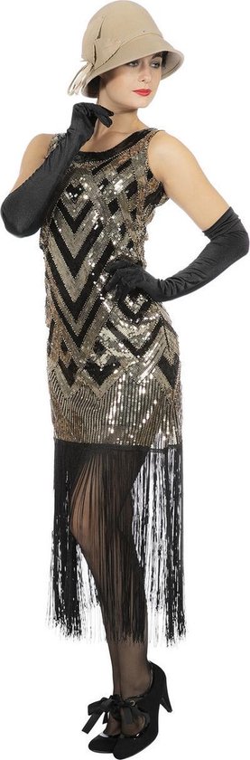 Wilbers & Wilbers - Jaren 20 Danseressen Kostuum - Zilveren Chique Peaky Grace Roaring 20s - Vrouw - Zwart, Zilver - Maat 38 - Carnavalskleding - Verkleedkleding