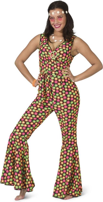 Funny Fashion - Hippie Kostuum - Fluor Flower Power Goes Disco - Vrouw - Geel, Roze - Maat 36-38 - Carnavalskleding - Verkleedkleding