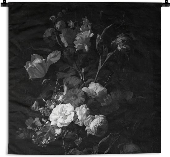 Wandkleed - Wanddoek - Vaas met bloemen - Schilderij van Rachel Ruysch - zwart wit - 60x60 cm - Wandtapijt