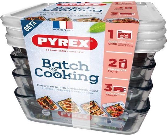Set de 4 lunchboxs Pyrex Batch Cooking en verre avec couvercles transparents.