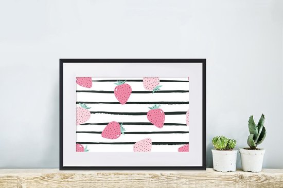 Poster in lijst - Fotolijst 40x30 cm - Posters - Zomer - Aardbeien - Pastel - Posterlijst zwart - Decoratie - Wanddecoratie woonkamer - Muurdecoratie slaapkamer