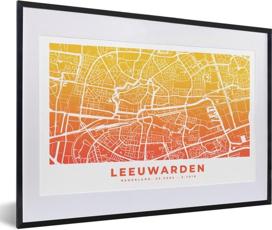 Fotolijst incl. Poster - Stadskaart - Leeuwarden - Oranje - Geel - 60x40 cm - Posterlijst - Plattegrond