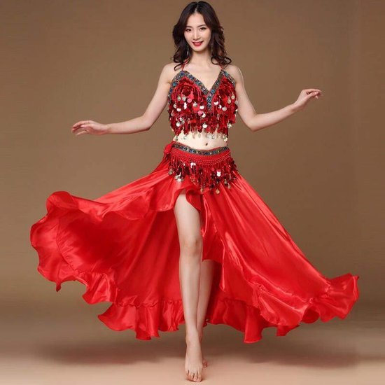 Buikdans kostuum pak - buikdanseres outfit- set van 3 delen BH en heupsjaal en een rok - Red Beauty