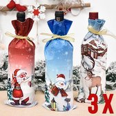 Allernieuwste SET van 3 STUKS Wijn Fles Zak KERST van Stof - Kerstcadeau Wijnfles Verpakking - Luxe Wijn Geschenkzak Wijnzak Wijnhoes Kerstdagen - Wijn Kado Kerstmis - SET 3 STUKS