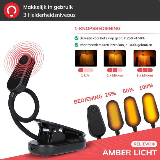 Relievo Draadloos Led Leeslampje met Klem - Voor Boek Slaapkamer - USB Oplaadbaar Leeslamp - Boeklamp Amber Licht