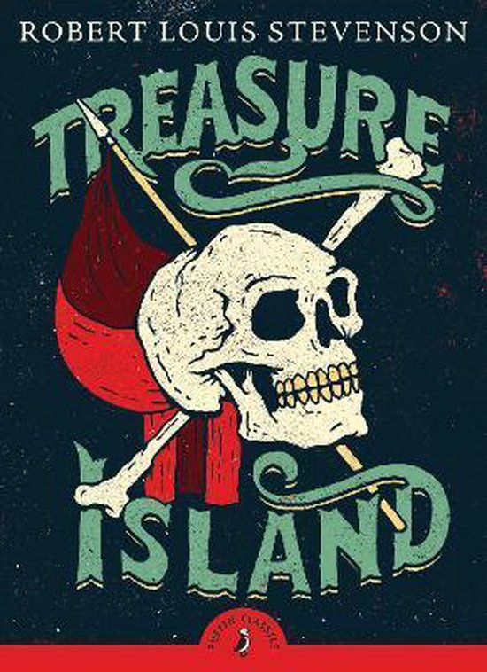Boekomslag van 'Treasure Island' met schedel, gekruiste botten, rode vlag en tekst in groen.