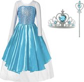 Elsa jurk - blauwe prinsessenjurk meisje - carnavalskleding kinderen - Prinsessen Verkleedkleding - 128/134 (140) - Kroon - Toverstaf - Cadeau meisje - Prinsessen speelgoed - Verjaardag meisje