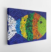 Canvas schilderij - Fish mosaic decoration made of colorful plastic bottle caps . Summer season and travel concept. Handmade crafts. Recycling art. -     1140370199 - 115*75 Horizo