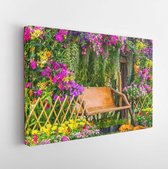 Canvas schilderij - Wood chair in the flowers garden on summer./ Wood chair in the flowers garden -     408343288 - 115*75 Horizontal