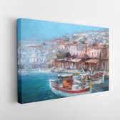 Canvas schilderij - Boats on the island harbor,handmade oil painting on canvas  -     756123493 - 50*40 Horizontal