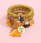 Akyol - I love you armband – Geel – Handgemaakte armband – Boho armband – Vriendschapsarmband – Kralenarmband –Leuk cadeau– 4-laags – Armbanden set