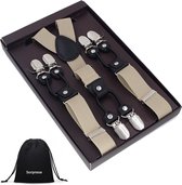 Luxe chique bretels - Beige effen - Sorprese - zwart leer - 6 stevige clips - 2,5 cm breed - heren - unisex