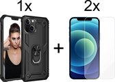 iPhone 13 Mini hoesje Armor Case Zwart Kickstand Ring shock proof magneet - 2x iPhone 13 Mini Screenprotector